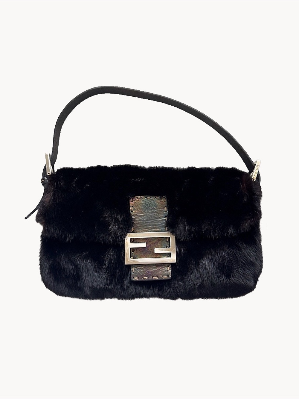 Fendi RARE mink iridescent Black Faux Fur Baguette Shoulder Bag with Silver FF